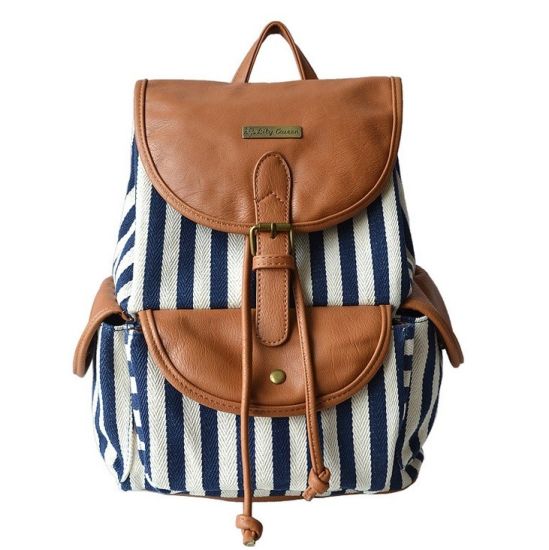 National Canvas Striped +PU Backpack Lady Causal Rucksack (WDL0925)